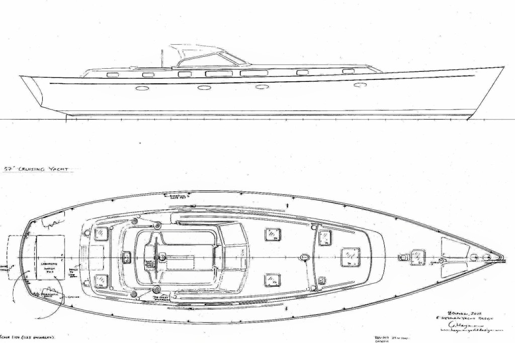 (c) Heyman Yachts 57', early hand-drawn side view & deck layout